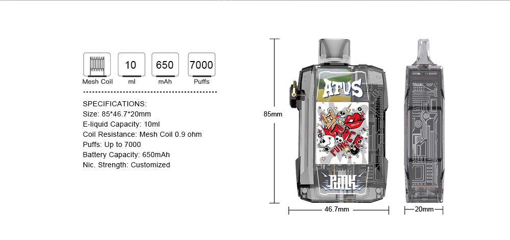 DE012 Texas TX USA 7000 Puffs Disposable Vapes with rechargeable and adjustable airflow ATVS Vape