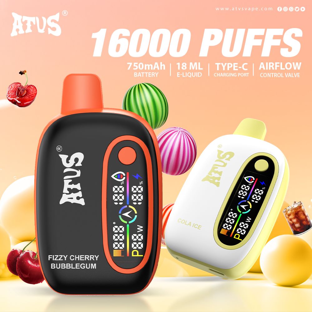 16000 Puffs Disposable Vape with LED display screen and adjustable airflow rechargeable Customizable Cheap Price Free Ship Dual Mesh Coil vape ATVS 1000mAh