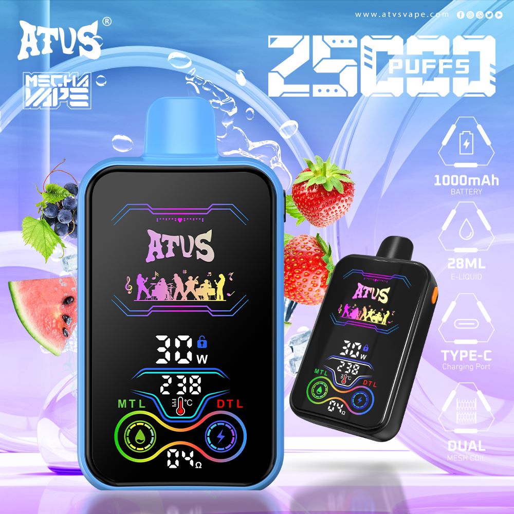 25000 Puffs Disposable Vape with Full screen rechargeable and adjustable airflow Innovative E Cigarette DesignATVS ATUS 25K Puffs E-Cigarette Germany Mini Disposable Vape 25K 16K 20K EU Warehouse vapers Geek Bar