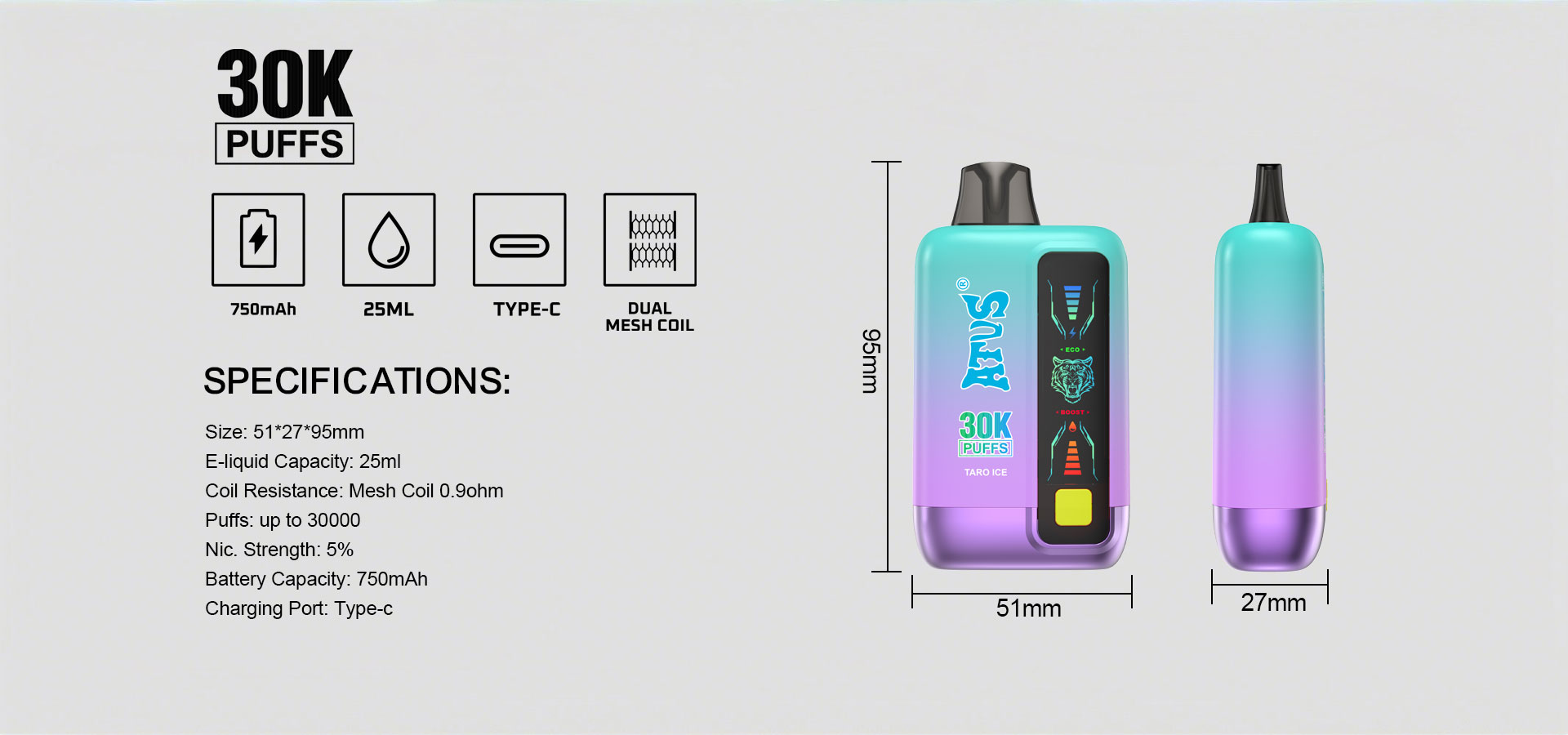 DE026 Texas TX USA 30000 Puffs Disposable Vape with LED display screen and adjustable airflow ATVS Vape